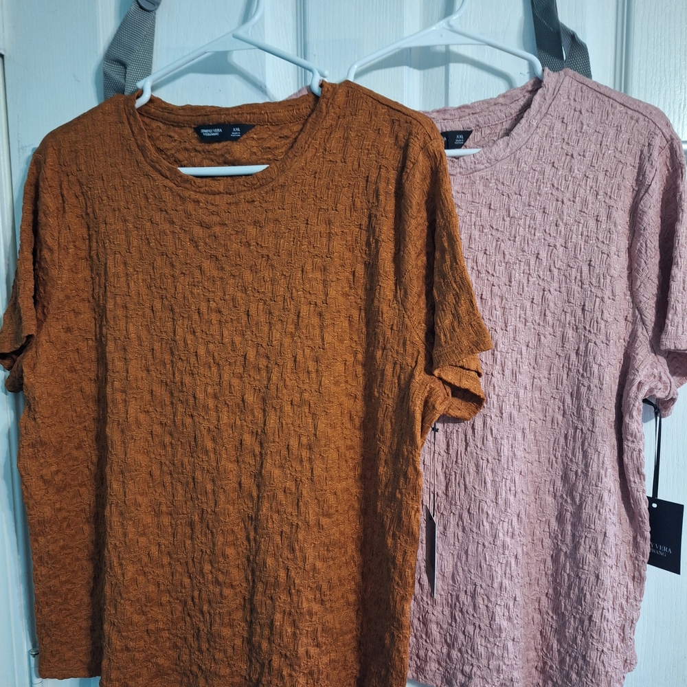 Vera Wang Crinkle Short Sleeve Tops in Terracotta and Rose